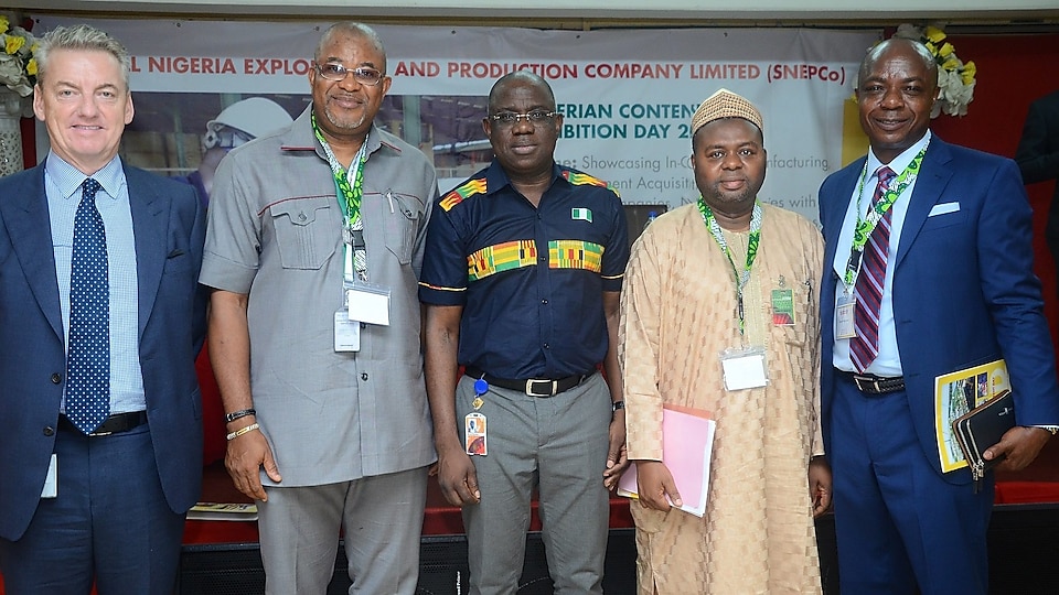 L-R; General Manager, Contracting and Procurement, Shell Petroleum Development Company (SPDC), Anthony Elis; Director, Monitoring and Evaluation of the Nigeria Content Development and Monitoring Board, Tunde Adelana; Managing Director, Shell Nigeria Exploration and Production Company (SNEPCo), Bayo Ojulari; Manager Project, Gas Division, National Petroleum Investment Management Services, Jubril Lawal; and the Vice Chairman, Petroleum Technology Association of Nigeria (PETAN), Wole Ogunsanya at the 2018 SNEPCo Nigerian Content Exhibition in Lagos