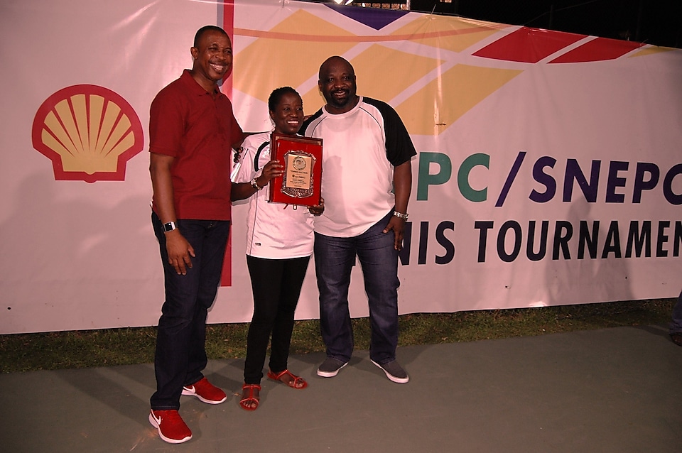 L-R: Chairman Tennis Section of Ikoyi Club, Mr. Abimbola Okubena; Company Secretary, Shell Nigeria Exploration and Production Company (SNEPCo), Mrs. Nike Olafimihan; and Deepwater Business Opportunity Manager of SNEPCo, Mr. Olaposi Fadahunsi, at the finals of the 2018 Ikoyi club tennis tournament sponsored by NNPC/SNEPCo... on Saturday