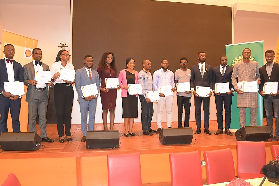 Thirteen beneficiaries of the 2019 Shell Petroleum Development Company Joint Venture overseas postgraduate scholarship for host communities at the award ceremony in Port Harcourt on Thursday