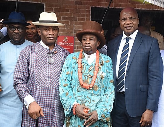 L-R: Speaker, Bayelsa State House of Assembly, Mr. Tonye Emmanuel Isenah; Deputy Governor of the state, Rear Admiral Gborwibiogha John-Jonah (retd); the traditional head of Ogbia Kingdom, His Royal Majesty Dumaro Charles Owaba; and Managing Director,The Shell Petroleum Development Company of Nigeria Limited, and Country Chair, Shell Companies in Nigeria, Mr. Osagie Okunbor, at the inauguration of the Oloibiri Health Programme at the General Hospital, Kolo, in Ogbia Local Government Area of Bayelsa State… on Tuesday.