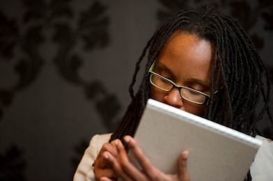 woman working on tablet